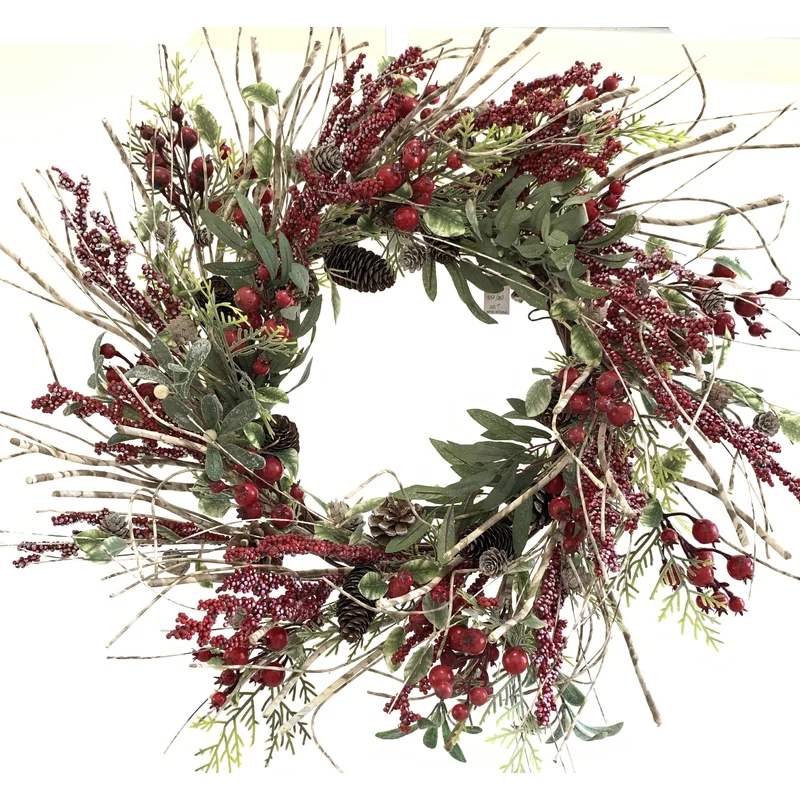 26" Farmhouse Berry Pine Winter Christmas Birch Wreath for Front Door