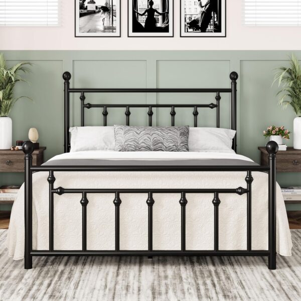 Allewie 14 Inch Queen Size Metal Platform Farmhouse Bed Frame with Victorian Vintage Headboard