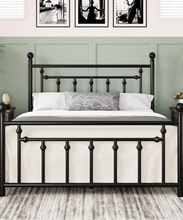 Allewie 14 Inch Queen Size Metal Platform Farmhouse Bed Frame with Victorian Vintage Headboard