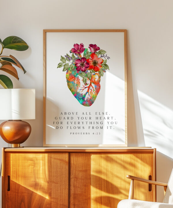 Proverbs 4:23 - Above all else, guard your heart, for everything you do flows from it. Typography Art Print with Heart Flowers