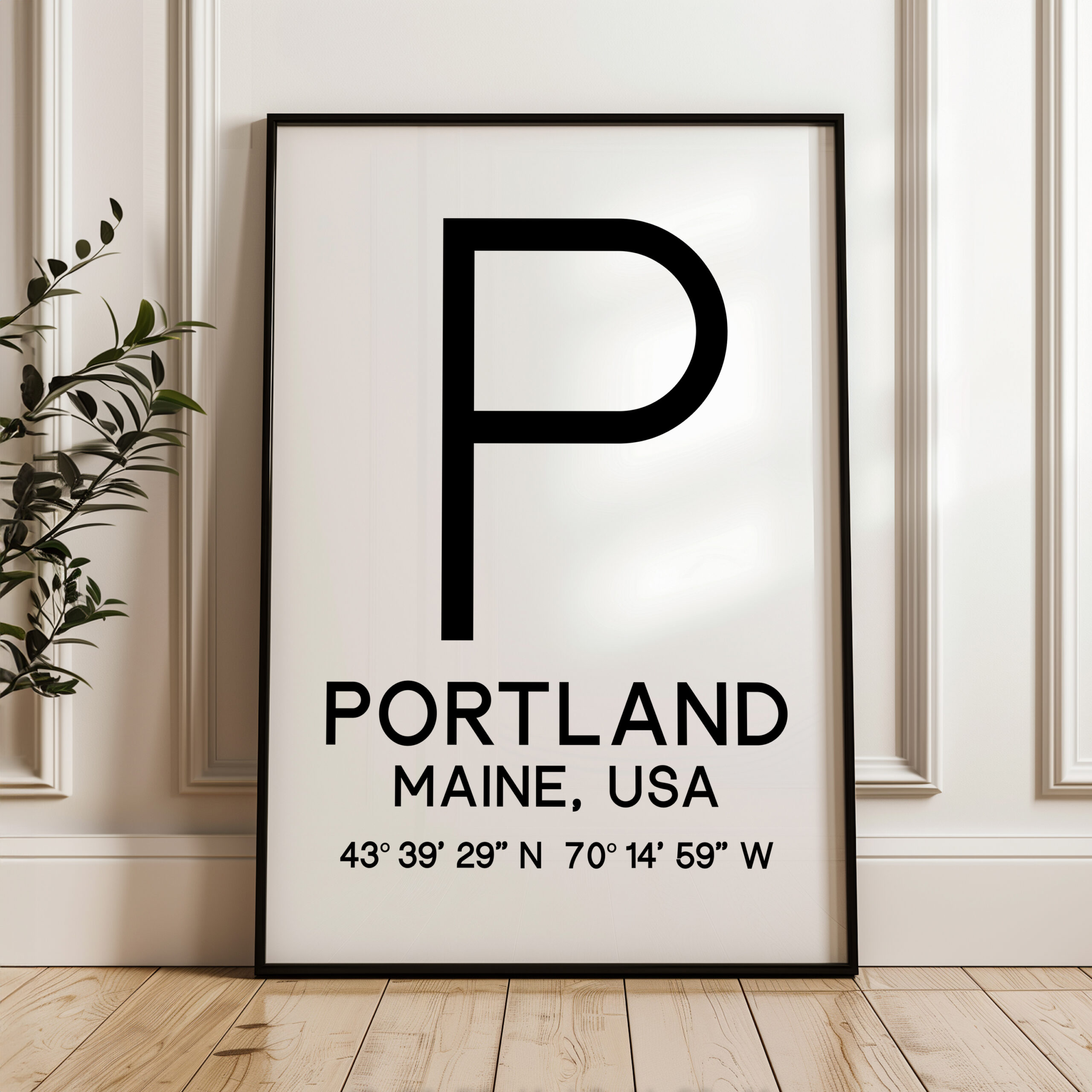 Portland, Maine with GPS Coordinates Typography Art Print • Minimalist Wall Art
