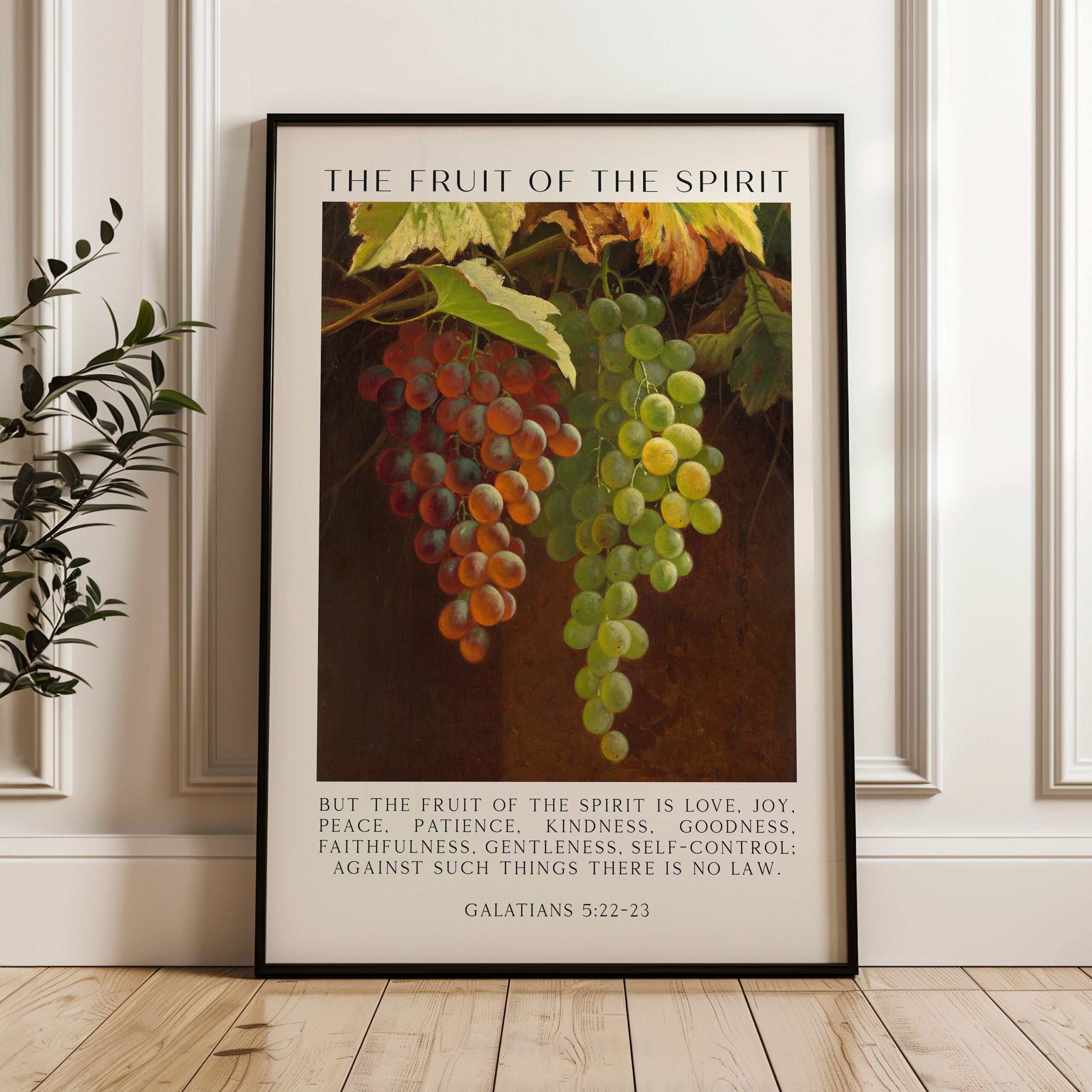 Fruit of the Spirit Bible Verse Wall Art – Galatians 5:22–23 – Christian Typography Print with Grapes Painting - Image 11