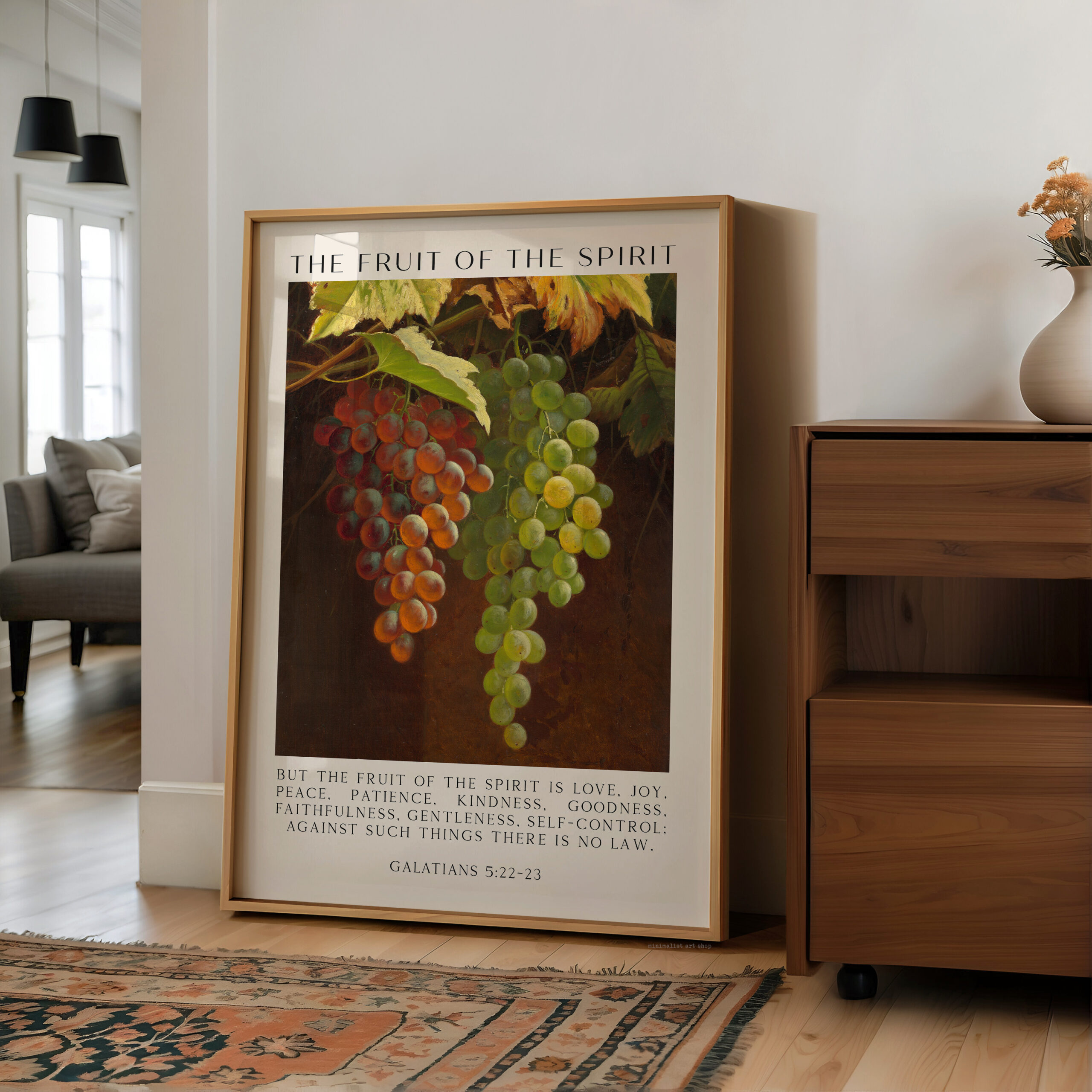 Fruit of the Spirit Bible Verse Wall Art – Galatians 5:22–23 – Christian Typography Print with Grapes Painting - Image 8