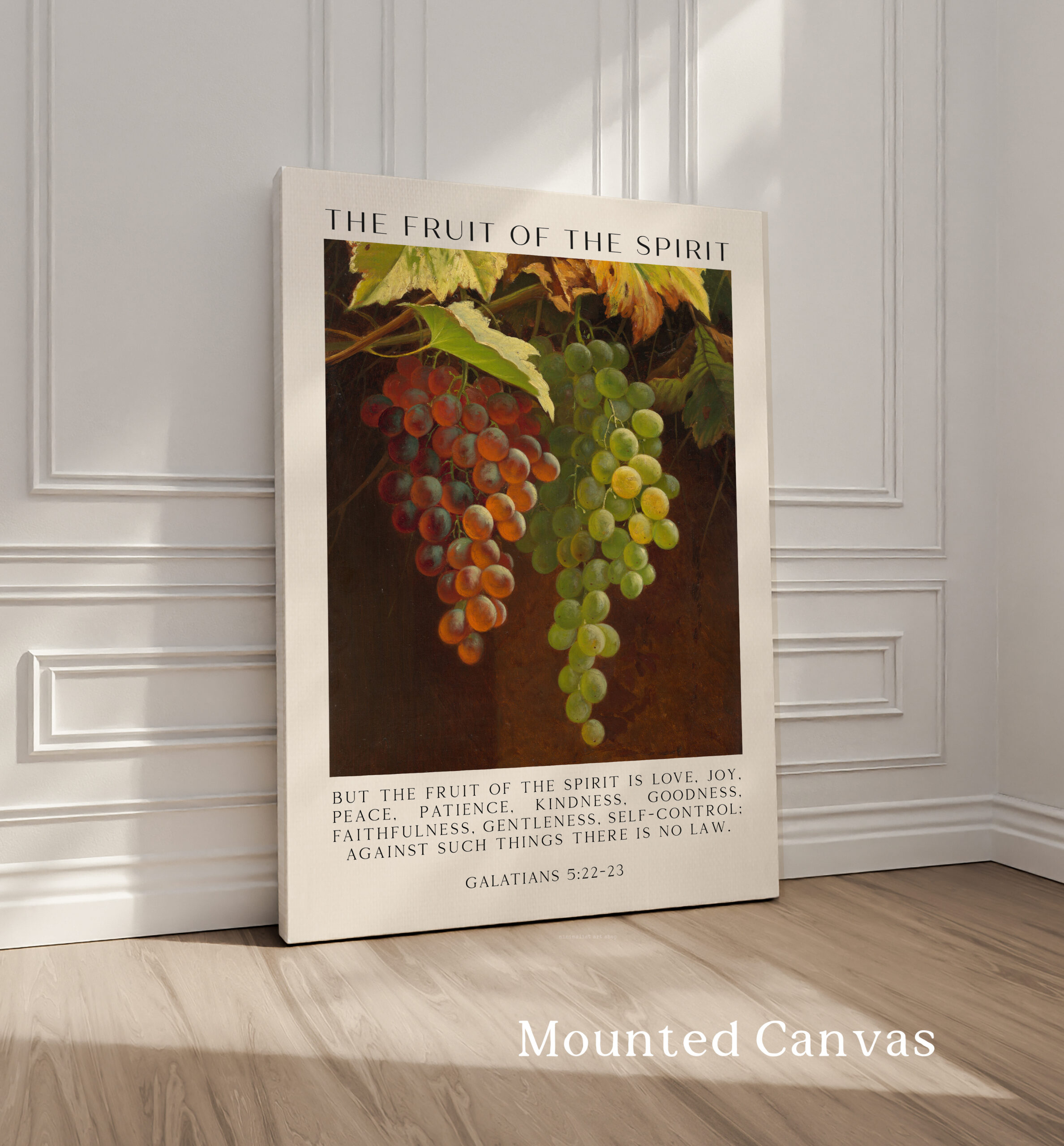 Fruit of the Spirit Bible Verse Wall Art – Galatians 5:22–23 – Christian Typography Print with Grapes Painting - Image 3