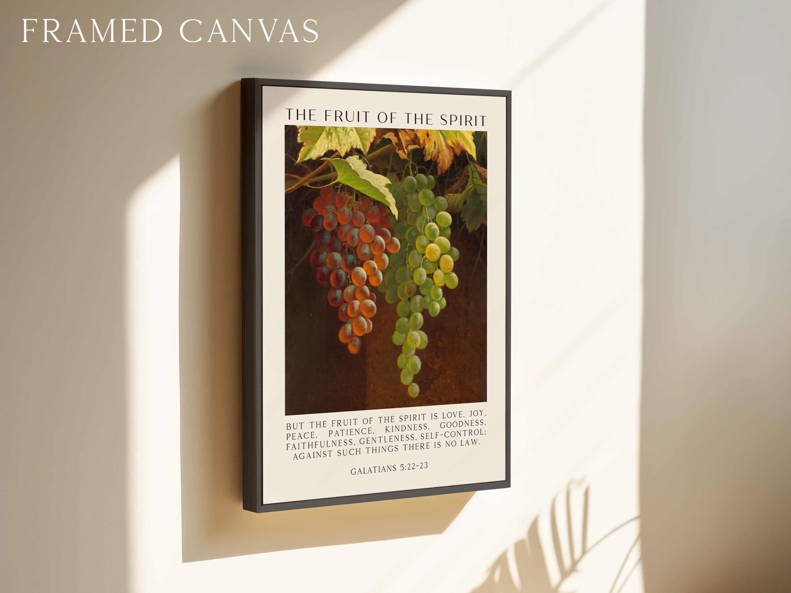 Fruit of the Spirit Bible Verse Wall Art – Galatians 5:22–23 – Christian Typography Print with Grapes Painting - Image 2