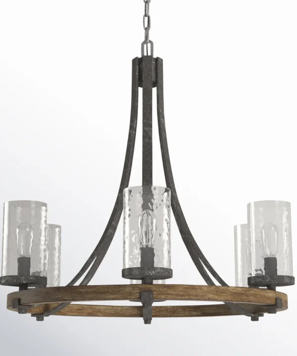 Stepas 6 Light Candle Style Wagon Wheel Chandelier in Wood Accents